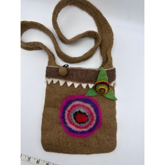 Handmade Wool Felt Crossbody Bag Colorful Spiral Design Leaf Accent Nepal - Picture 1 of 13